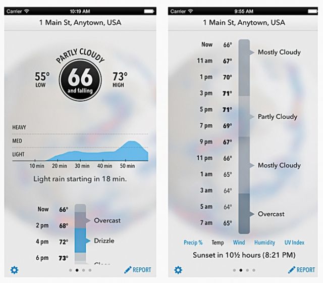 Dark Sky
نعيش في عصر ذهبي بالنسبة إلى المهووسين بأحوال الطقس- وهذا التطبيق هو أحد التطبيقات الرائعة الخاصة بأحوال الطقس. إنه يقدم توقعات مفصلة جداً (يتوقف المطر بعد 18 دقيقة) وتتيح لك المشاهد المأخوذة بواسطة الأقمار الصناعية إزعاج عائلتك قدر ما تشاء.