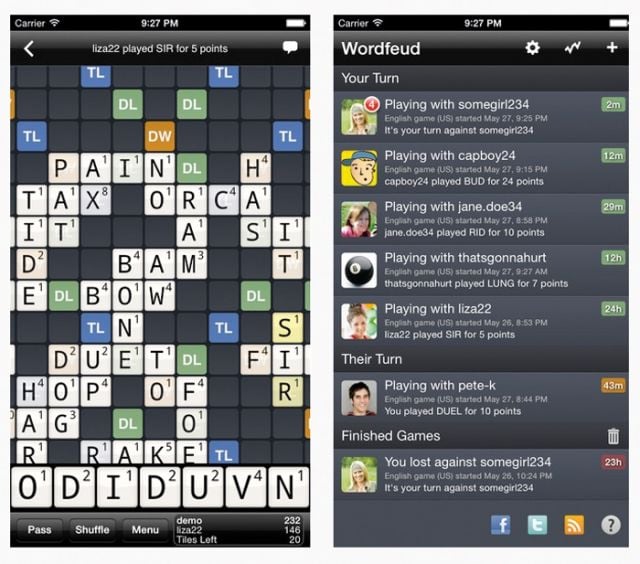 Word Feud
هناك مليارات الألعاب من نوع السكرابل في التطبيقات الالكترونية، لكن جرى تحديث هذا التطبيق القديم بوظائف رائعة مثل القدرة على التحرك حيث توجد الأحرف المزدوجة والثلاثية، قبل التغلب على الأصدقاء عبر شبكة الانترنت.