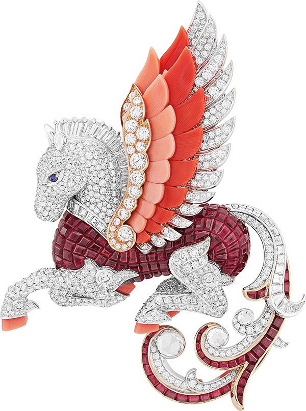 مشبك بيغاسوس (الحصان المجنّح) من الذهب الأبيض والوردي والأحمر والصفير البنفسجي والياقوت والمرجان والألماس  
