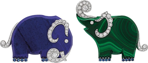 مشبكا ثنائي الفيلة من الذهب الأبيض والمالاشيت والصفير والألماس