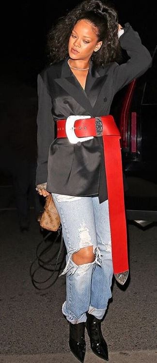 Rihanna in Maison Margiela blazer and belt