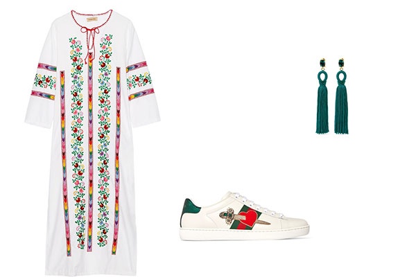 OSCAR DE LA RENTA Earings - MUZUNGU SISTERS Kaftan - GUCCI Sneakers
