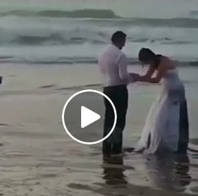 فيديو محرج - عروس تسقط في البحر بشكلٍ مروّع.. شاهدوا ردّة فعل العريس!